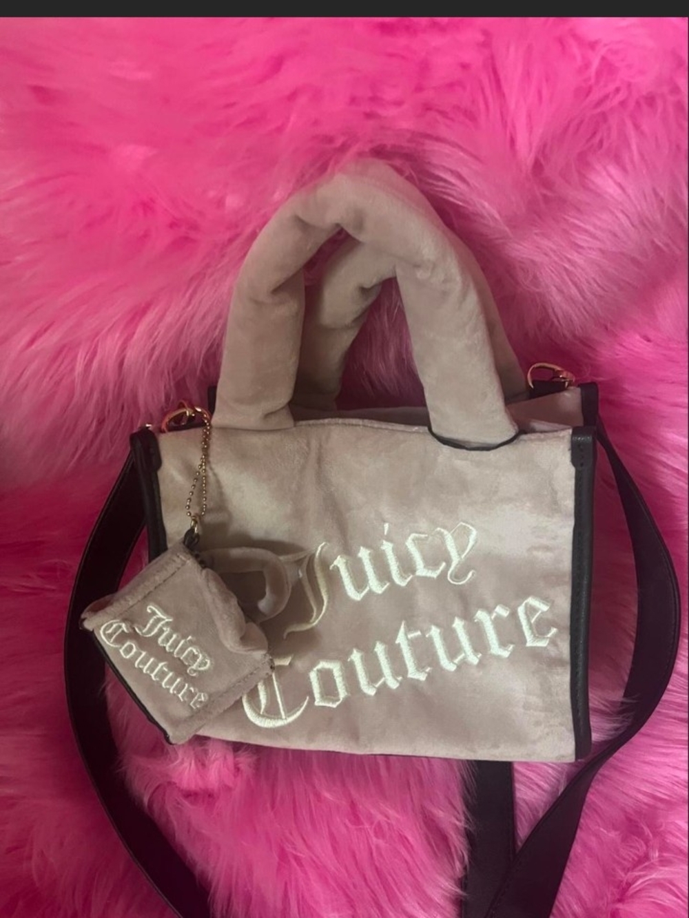 Juicy Couture Beige Velvet Shoulder Tote with Logo Charm